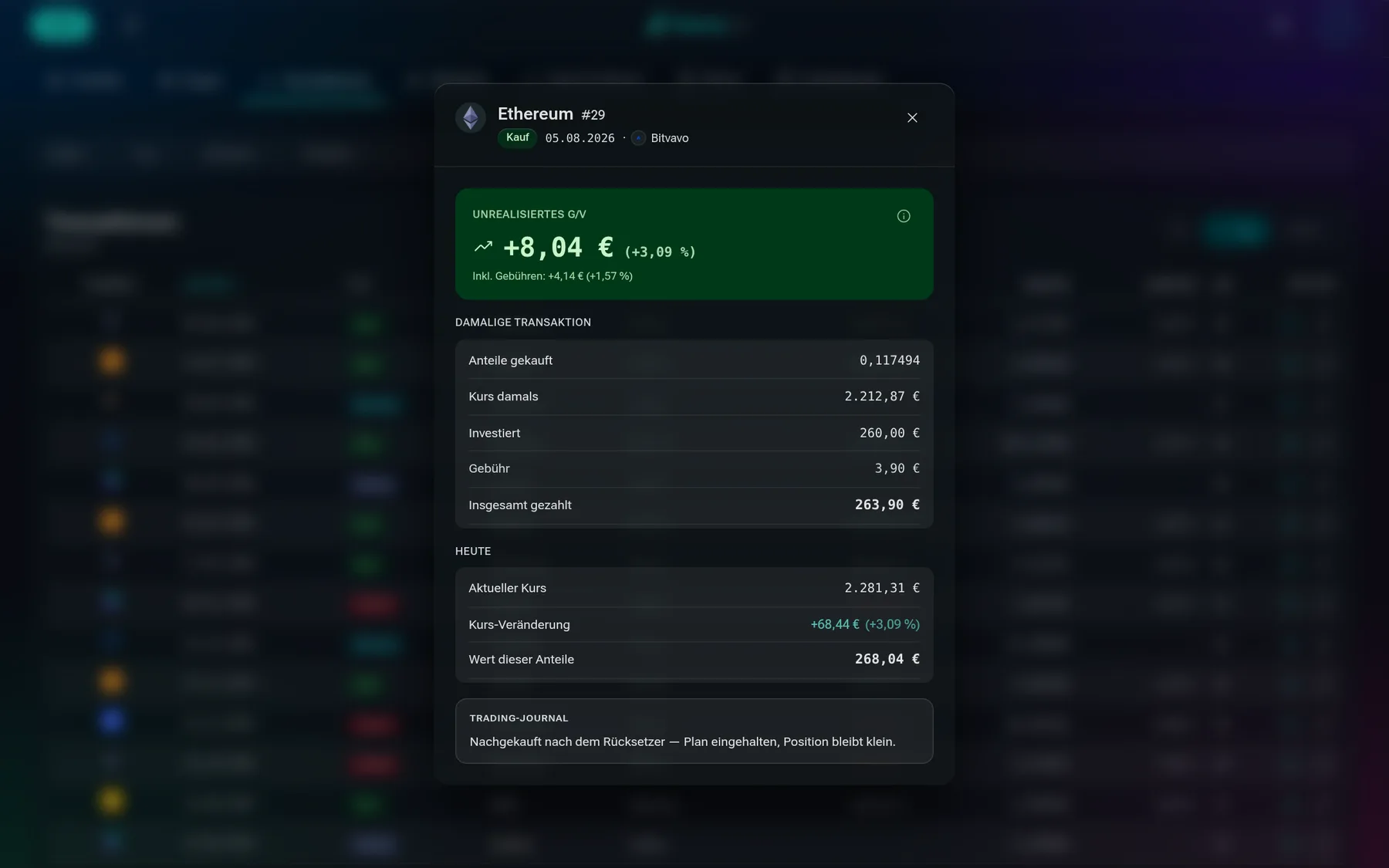 Folanza: Transaktionstabelle am Desktop mit geöffnetem Detail und Trading-Journal