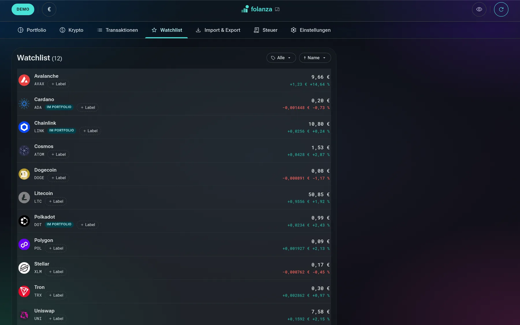 Folanza: Watchlist am Desktop mit Kursen und Tagesänderung