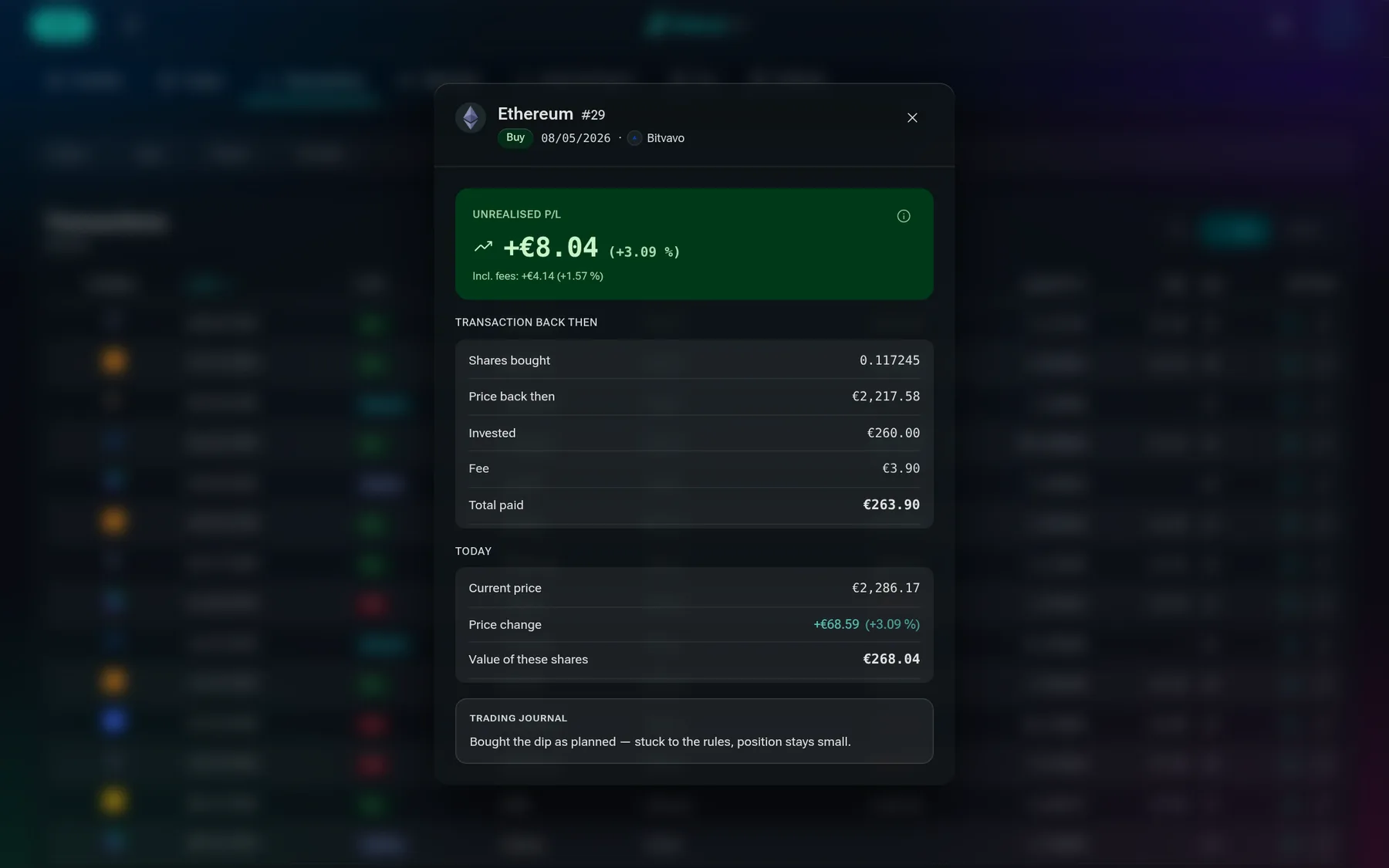 Folanza: tableau des transactions sur bureau avec un detail ouvert et journal de trading