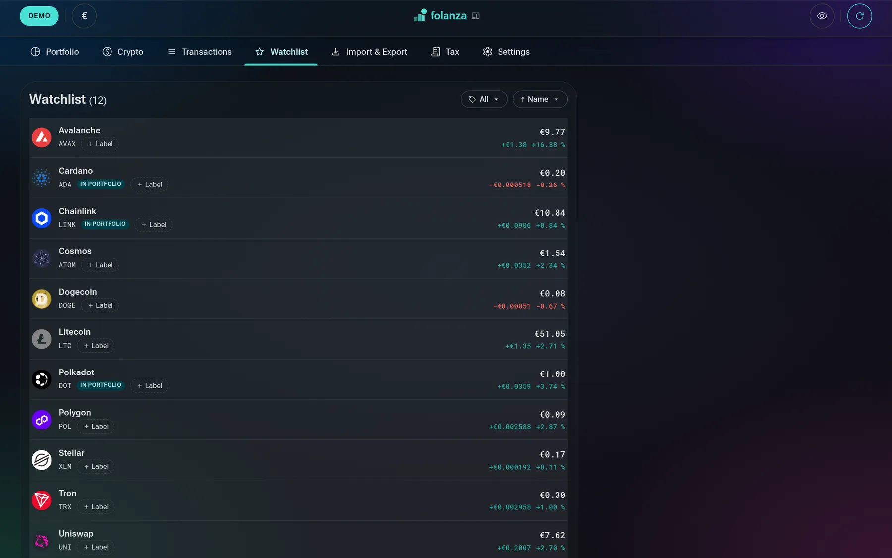 Folanza: watchlist sur bureau avec cours et variation quotidienne