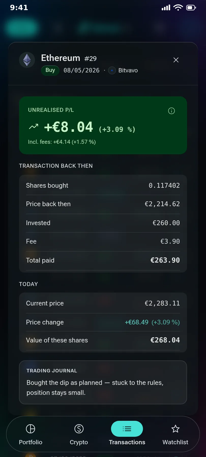 Folanza: détail de transaction avec base de coût et journal de trading
