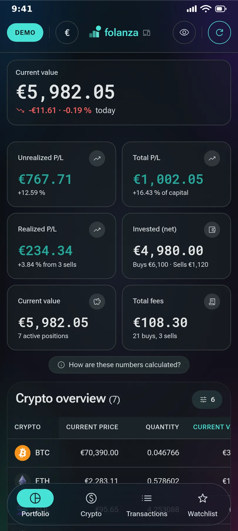 Folanza: aperçu du portfolio avec indicateurs clés et tableau des positions