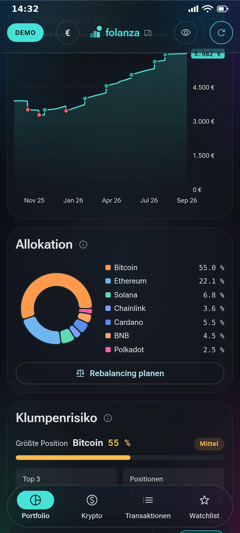Folanza: Allokation als Ringdiagramm mit sieben Positionen und Klumpenrisiko-Warnung