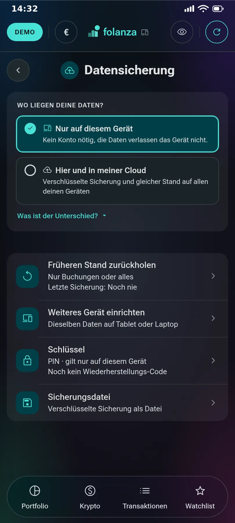 Folanza: Datensicherung – Daten nur auf dem Gerät oder zusätzlich verschlüsselt in der eigenen Cloud