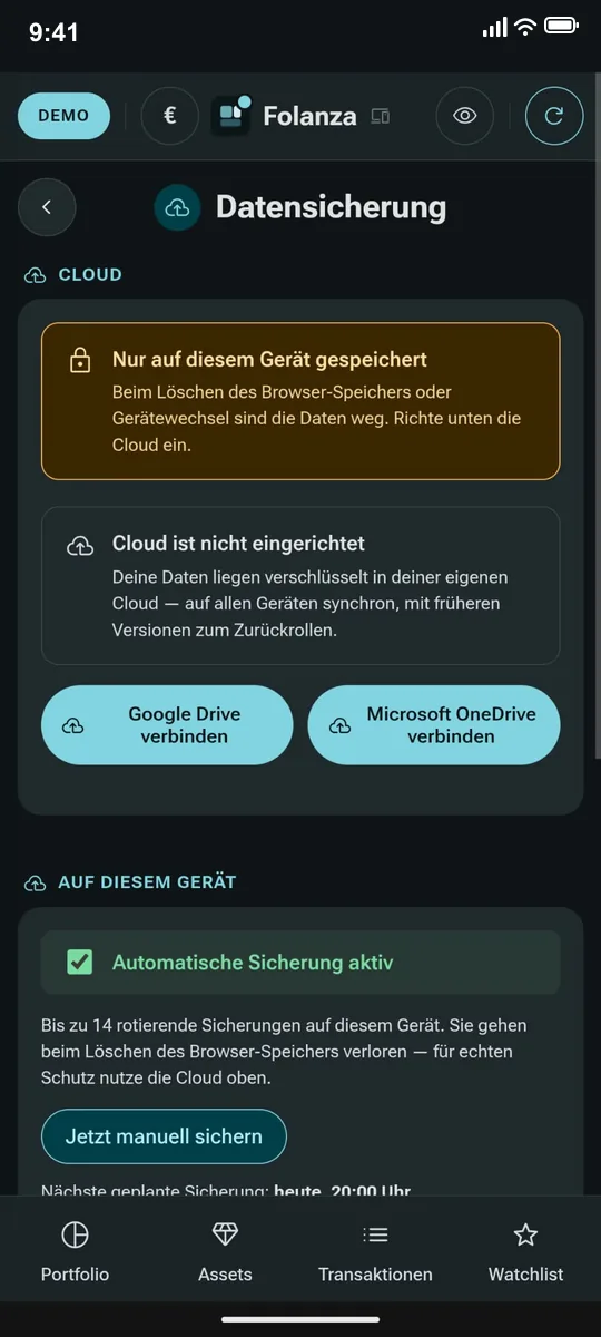 Folanza: Datensicherung mit verschlüsseltem Cloud-Backup (Google Drive, OneDrive)