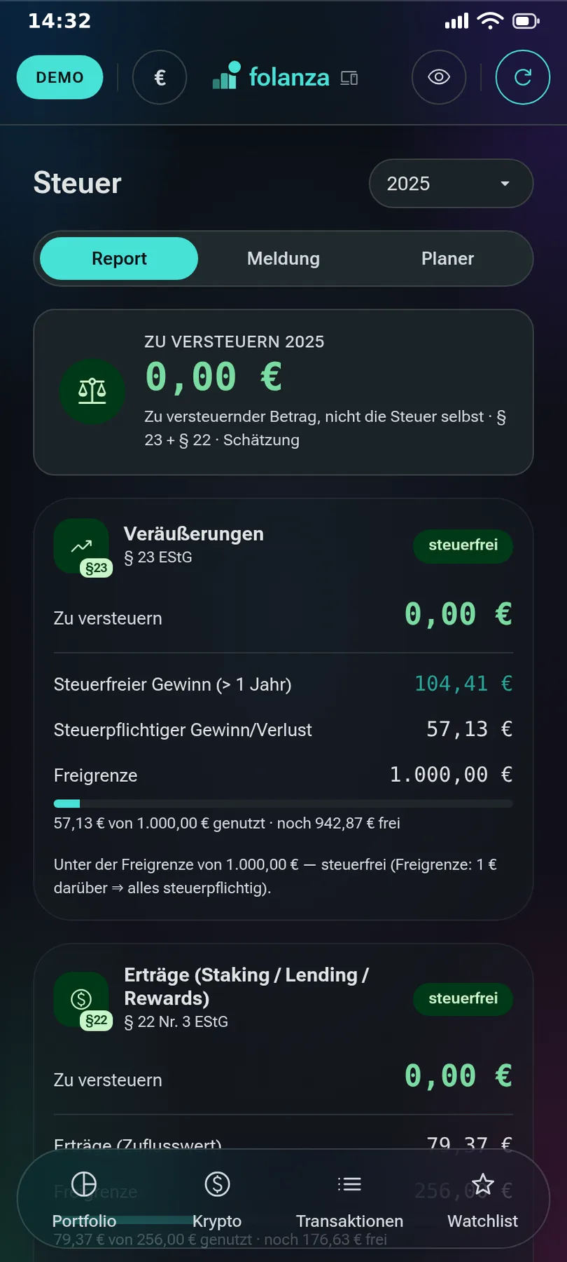 Folanza: Steuer-Report mit steuerfreiem und steuerpflichtigem Gewinn nach § 23 EStG