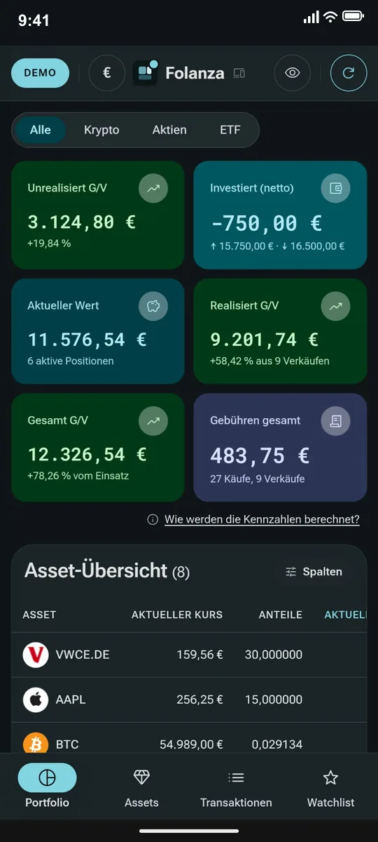 Folanza: Portfolio-Übersicht mit Top-Assets